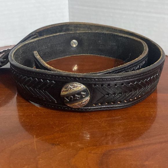 PRCA Rodeo Black Tooled Leather Belt Metal Buckle with Mother of Pearl Adult 34 main image 6